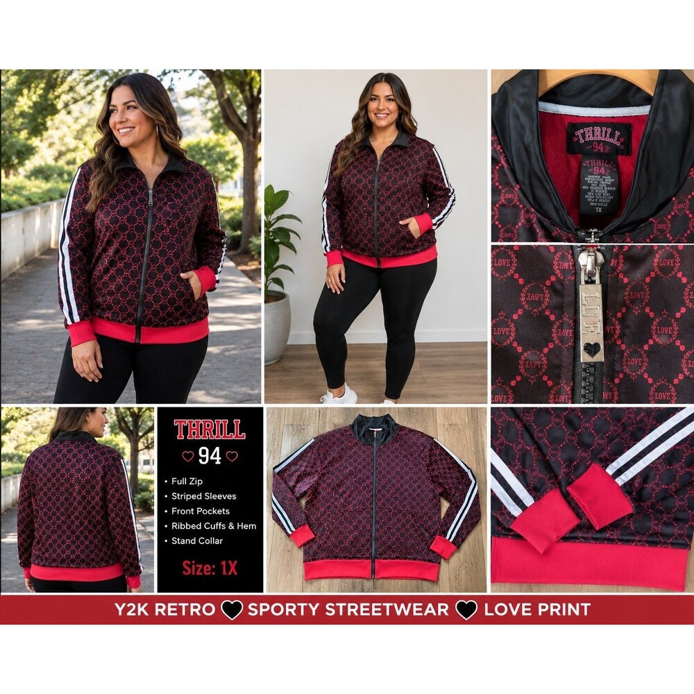 Thrill 94 Women’s 1X Black Red LOVE Print Full Zip Track Jacket Y2K Sporty